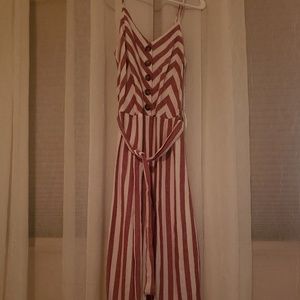 Pink/Cream Striped Linen 3/4 Leg Jumpsuit